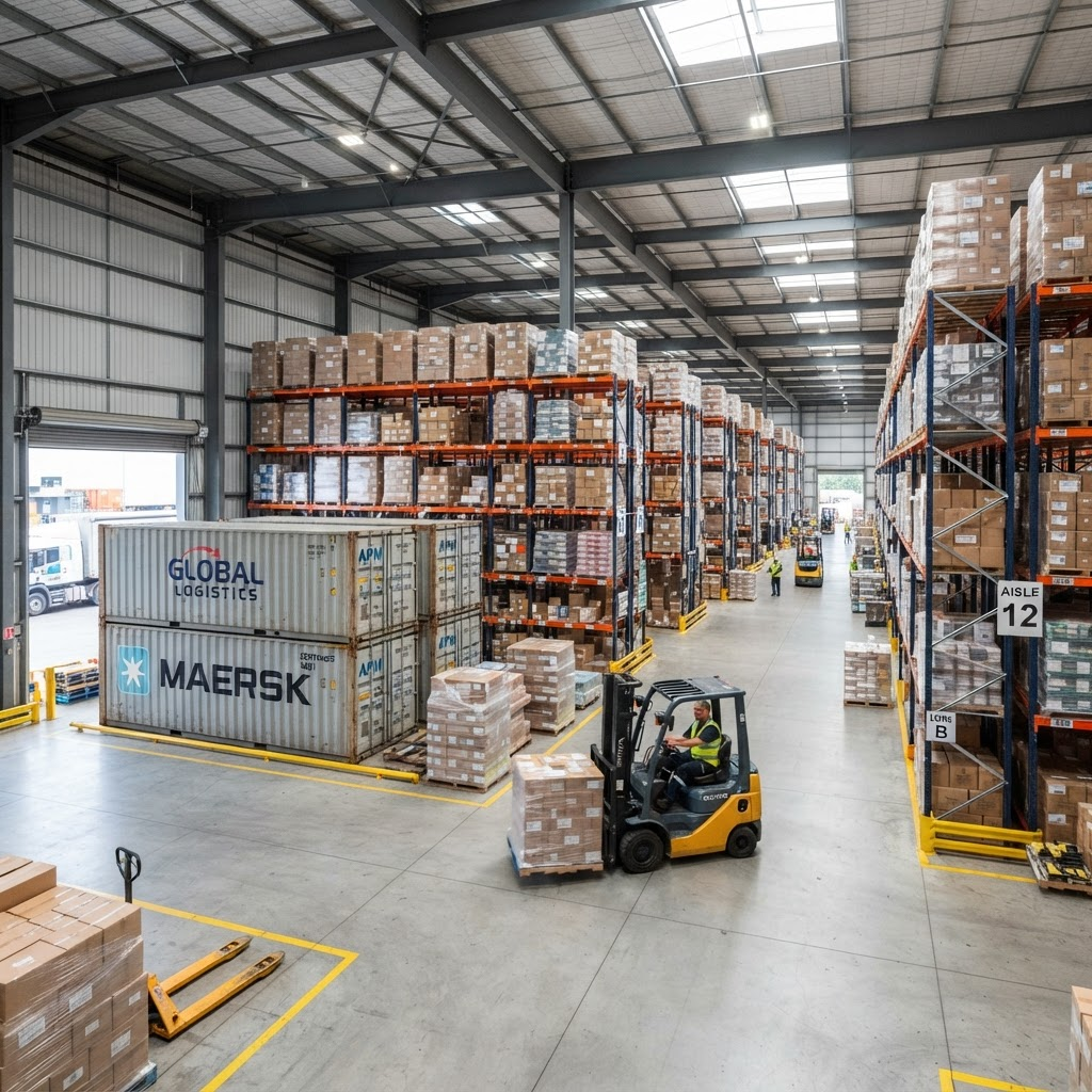 Warehouse interior with forklift and shelving racks